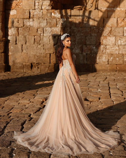 Elegant Sweetheart Long Glitter Lace Wedding Dress Long Slit