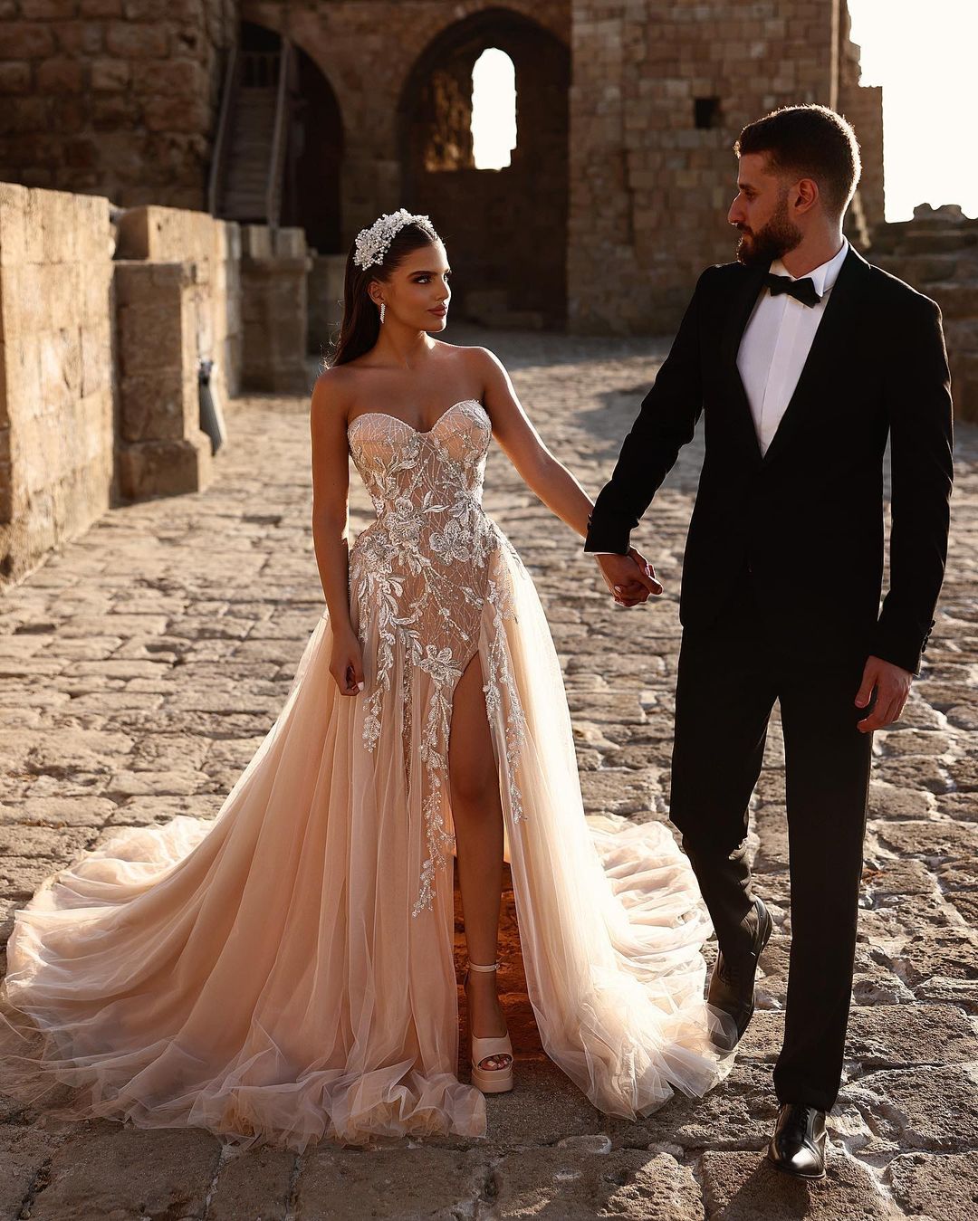 Elegant Sweetheart Long Glitter Lace Wedding Dress Long Slit