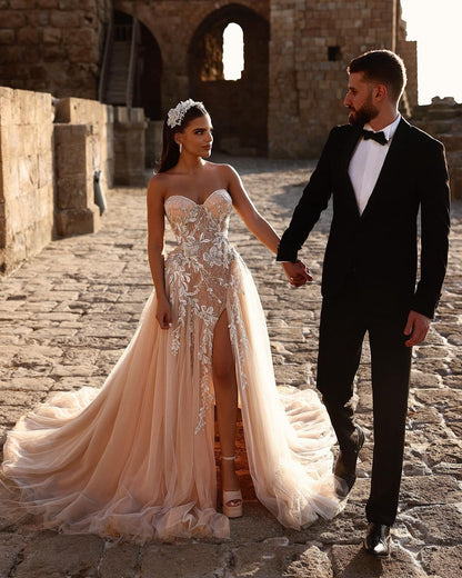 Elegant Sweetheart Long Glitter Lace Wedding Dress Long Slit
