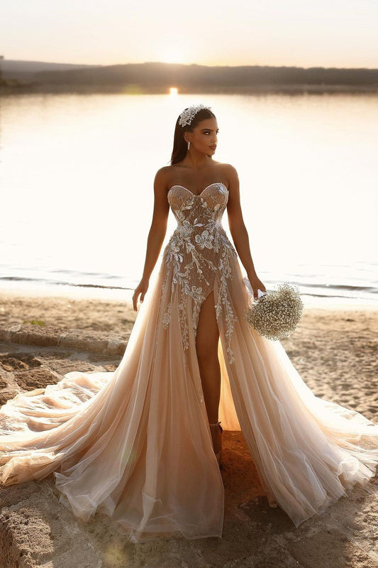 Elegant Sweetheart Long Glitter Lace Wedding Dress Long Slit