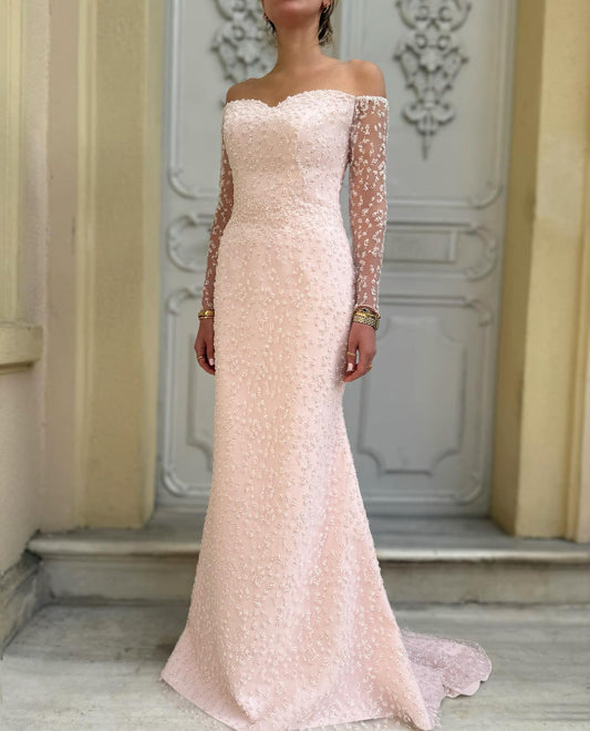 Off the Shoulder Lace Long Sleeve Mermaid Floor-Length Evening Dress