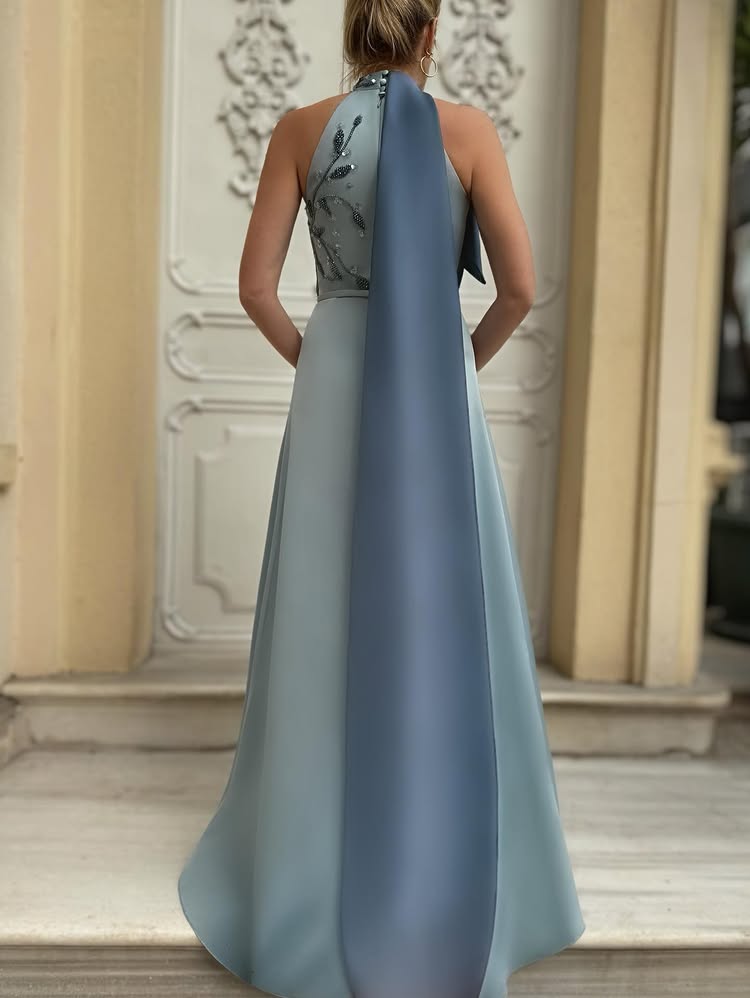 Flowers Sleeveless Sequins Applique A-Line Floor-Length Evening Dress
