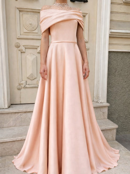 Pink Off the Shoulder Sleeveless A-Line Floor-Length Evening Dress