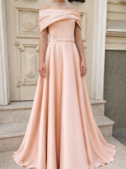Pink Off the Shoulder Sleeveless A-Line Floor-Length Evening Dress
