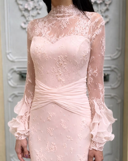 Pink High Neck Lace Long Sleeve Mermaid Floor-Length Evening Dress