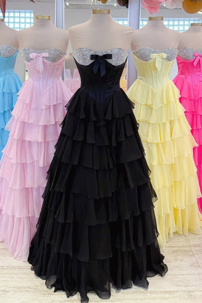 Pink - Sweetheart A Line Chiffon Ruffled Long Formal Prom Dresses With Beading