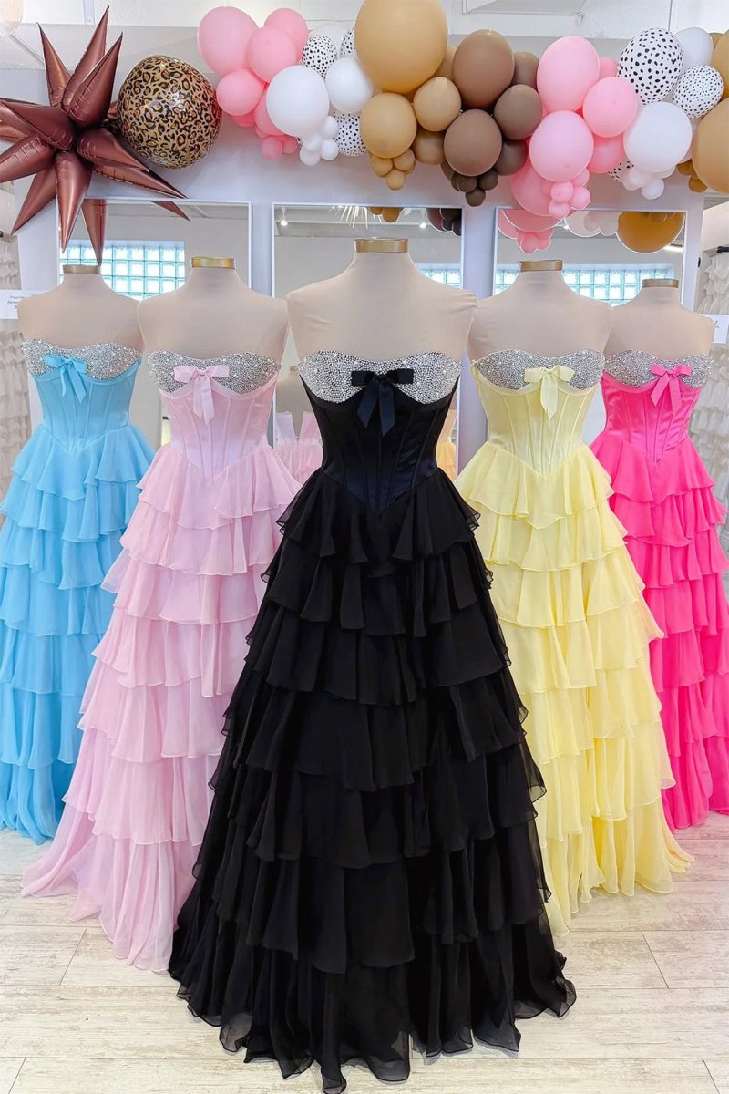 Pink - Sweetheart A Line Chiffon Ruffled Long Formal Prom Dresses With Beading