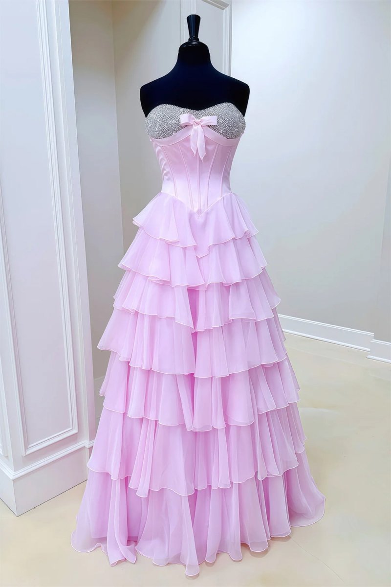 Pink - Sweetheart A Line Chiffon Ruffled Long Formal Prom Dresses With Beading