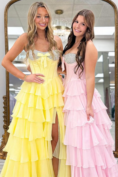 Pink - Sweetheart A Line Chiffon Ruffled Long Formal Prom Dresses With Beading