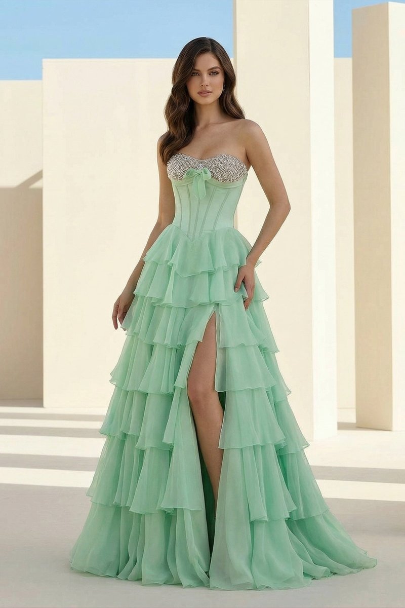 Pink - Sweetheart A Line Chiffon Ruffled Long Formal Prom Dresses With Beading