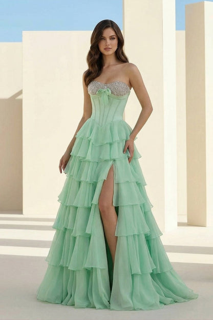 Pink - Sweetheart A Line Chiffon Ruffled Long Formal Prom Dresses With Beading