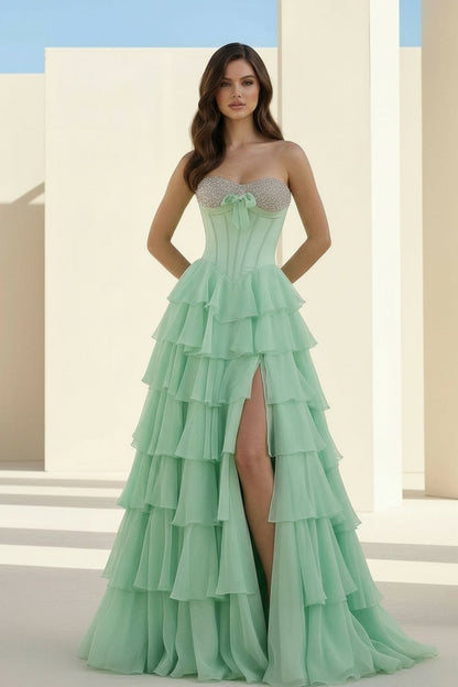 Pink - Sweetheart A Line Chiffon Ruffled Long Formal Prom Dresses With Beading