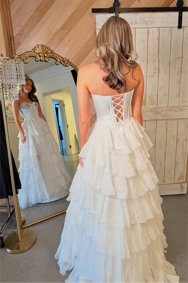 Pink - Sweetheart A Line Chiffon Ruffled Long Formal Prom Dresses With Beading