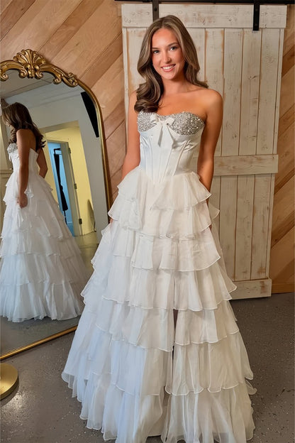 Pink - Sweetheart A Line Chiffon Ruffled Long Formal Prom Dresses With Beading