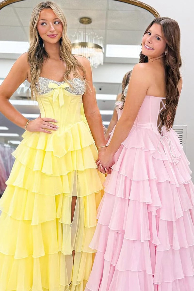 Pink - Sweetheart A Line Chiffon Ruffled Long Formal Prom Dresses With Beading