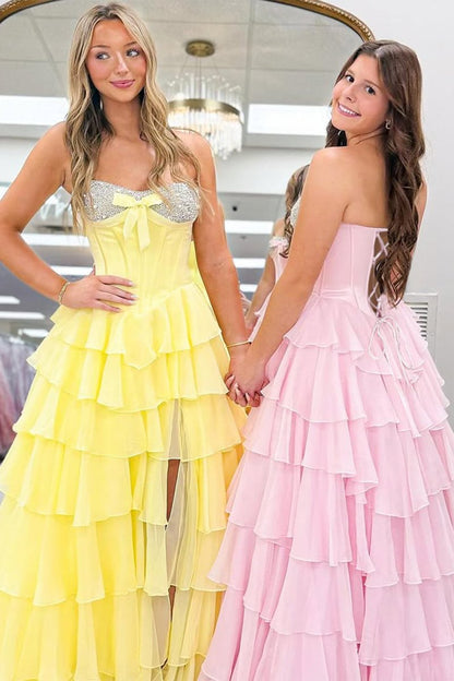Pink - Sweetheart A Line Chiffon Ruffled Long Formal Prom Dresses With Beading