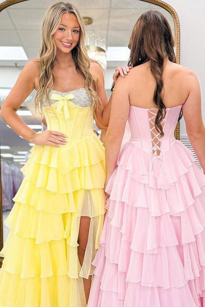 Pink - Sweetheart A Line Chiffon Ruffled Long Formal Prom Dresses With Beading