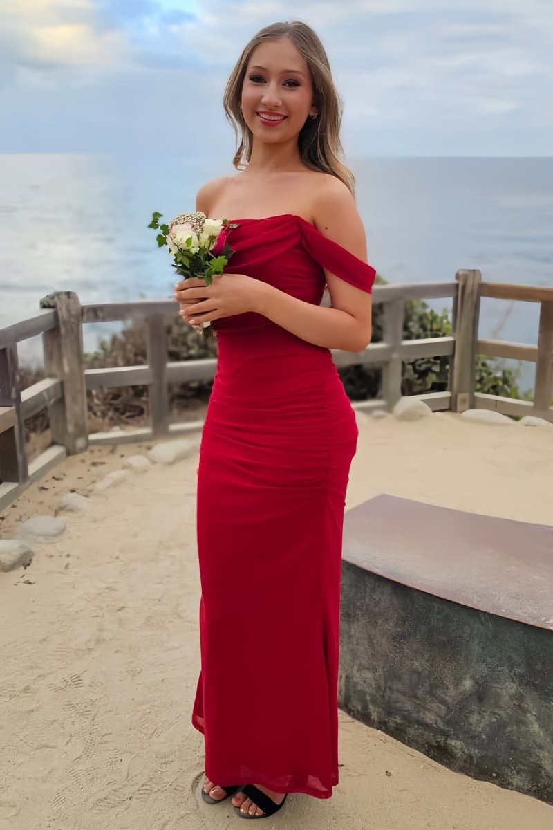 Red - Sheath Off-Shoulder Tulle Pleated Long Prom Dresses
