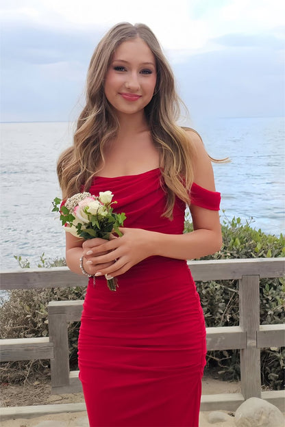 Red - Sheath Off-Shoulder Tulle Pleated Long Prom Dresses