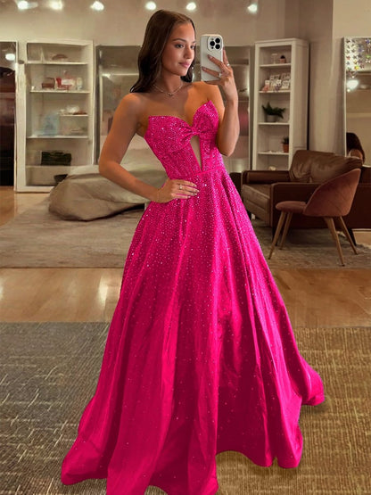 Navy Blue - Strapless Satin Beaded A Line Long Prom Dresses With Bow