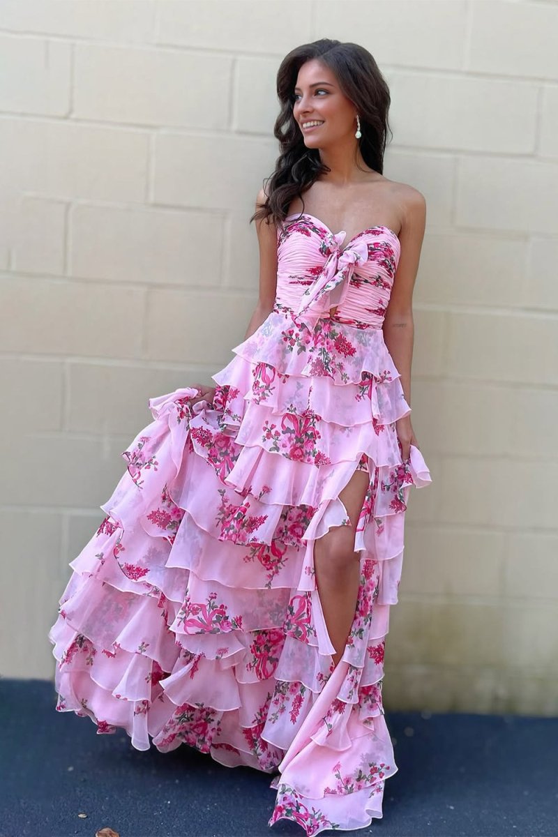 Purple - Strapless A Line Floral Chiffon Ruffled Formal Prom Dresses With Slit