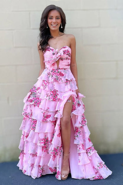 Purple - Strapless A Line Floral Chiffon Ruffled Formal Prom Dresses With Slit
