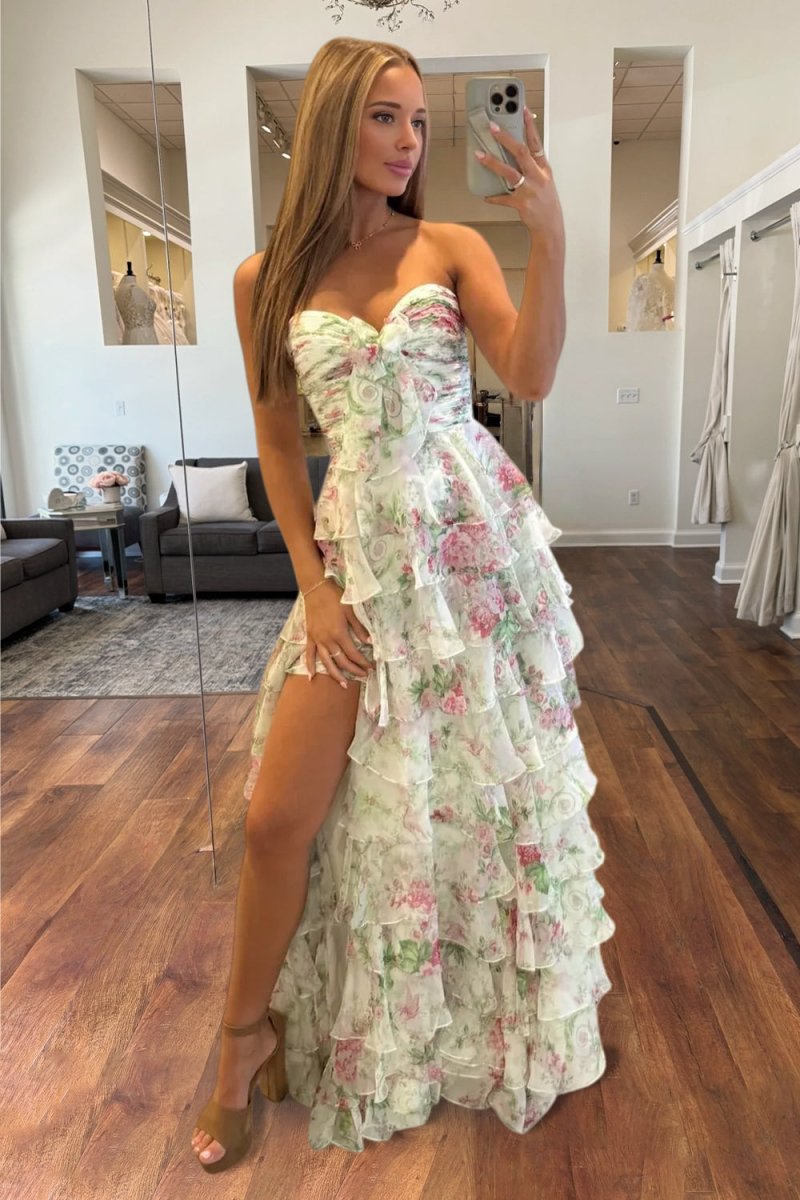 Purple - Strapless A Line Floral Chiffon Ruffled Formal Prom Dresses With Slit