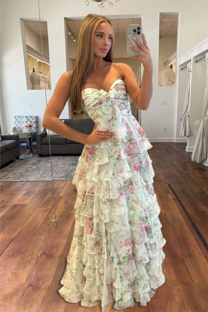 Purple - Strapless A Line Floral Chiffon Ruffled Formal Prom Dresses With Slit