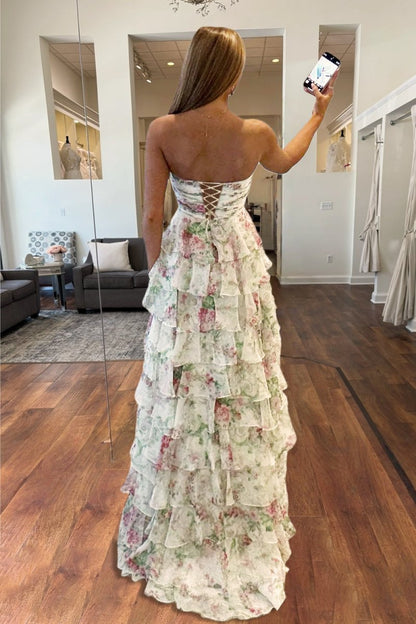 Purple - Strapless A Line Floral Chiffon Ruffled Formal Prom Dresses With Slit