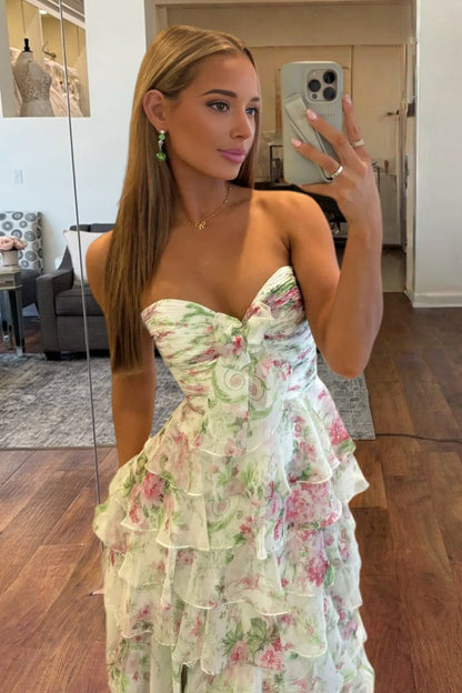 Purple - Strapless A Line Floral Chiffon Ruffled Formal Prom Dresses With Slit
