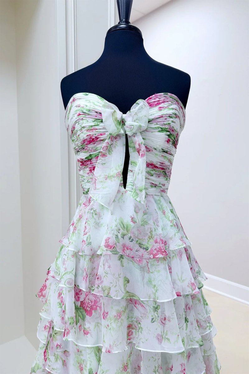 Purple - Strapless A Line Floral Chiffon Ruffled Formal Prom Dresses With Slit