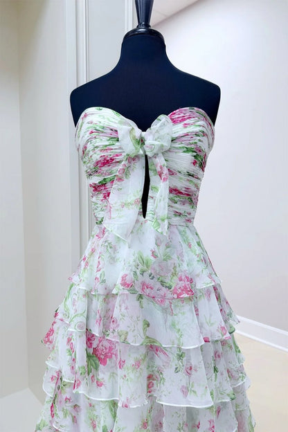 Purple - Strapless A Line Floral Chiffon Ruffled Formal Prom Dresses With Slit
