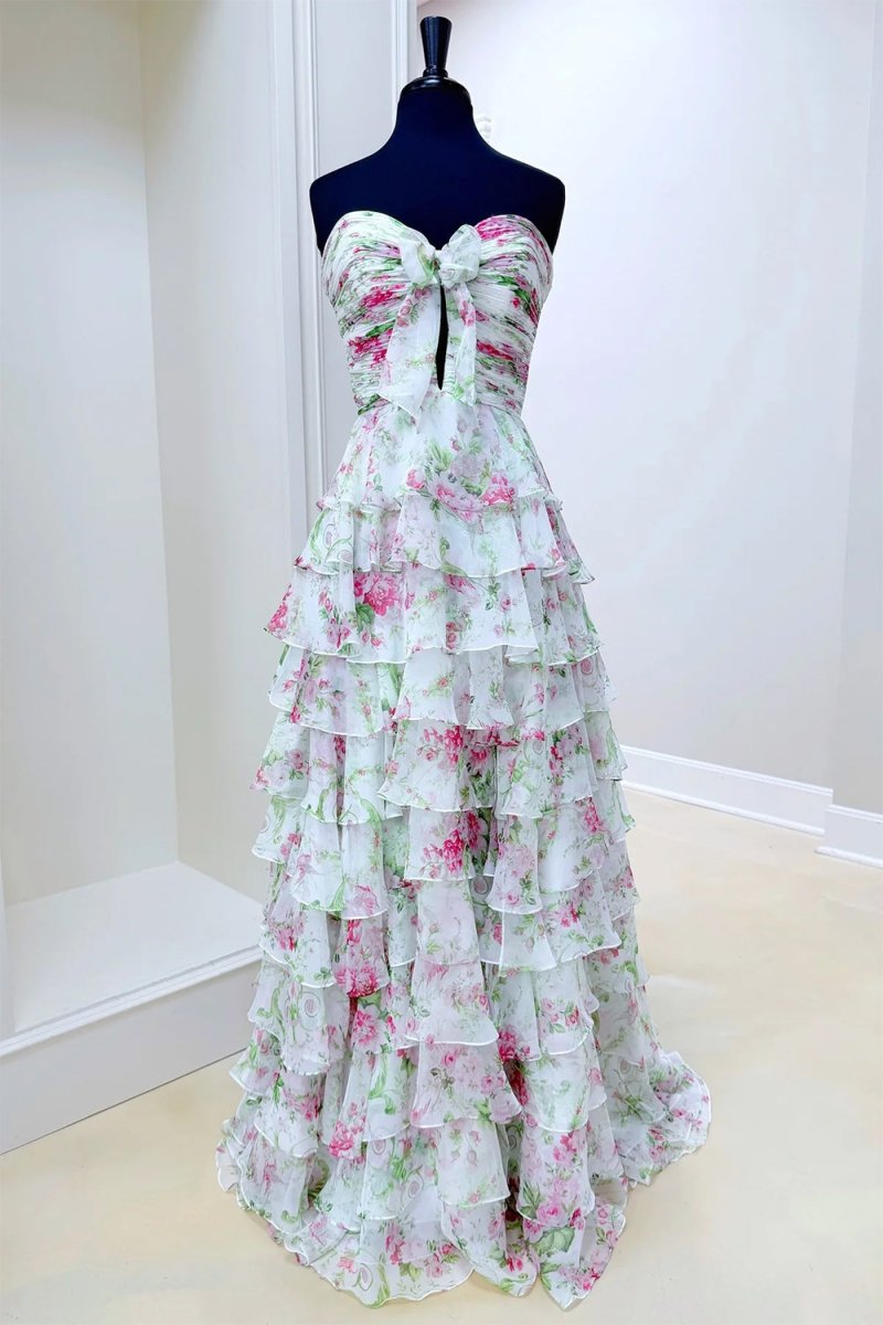 Purple - Strapless A Line Floral Chiffon Ruffled Formal Prom Dresses With Slit