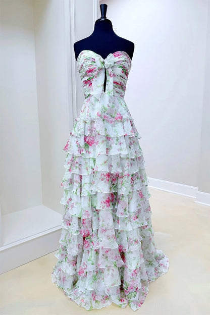 Purple - Strapless A Line Floral Chiffon Ruffled Formal Prom Dresses With Slit