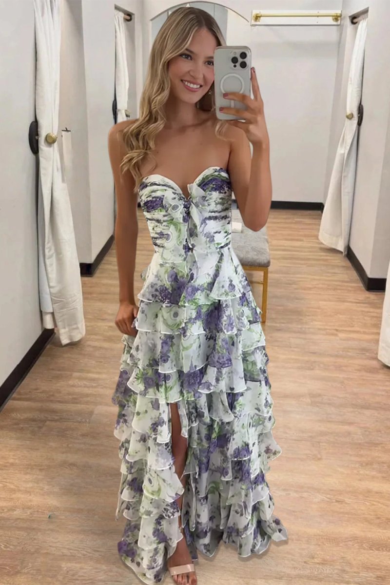 Purple - Strapless A Line Floral Chiffon Ruffled Formal Prom Dresses With Slit