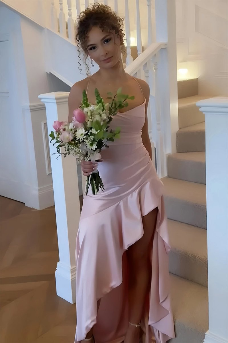 Pink - Spaghetti Straps Sheath Satin High Low Prom Dresses With Ruffles