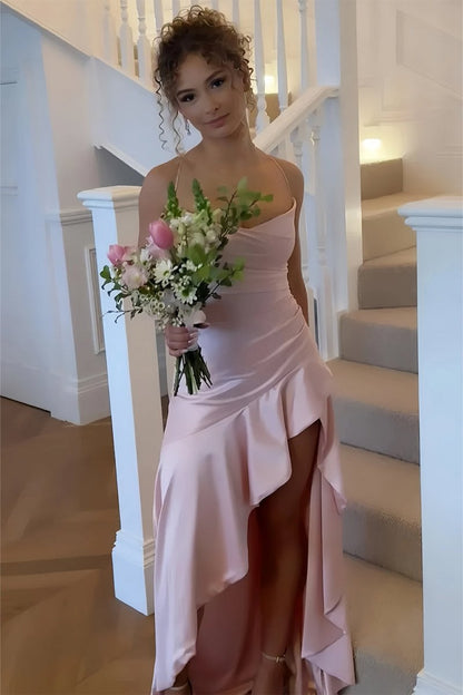Pink - Spaghetti Straps Sheath Satin High Low Prom Dresses With Ruffles