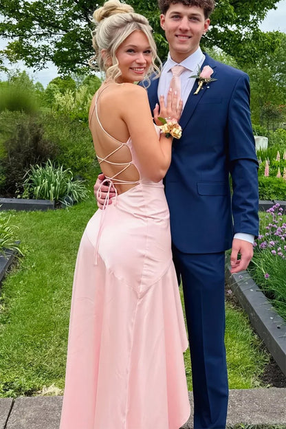 Pink - Spaghetti Straps Sheath Satin High Low Prom Dresses With Ruffles