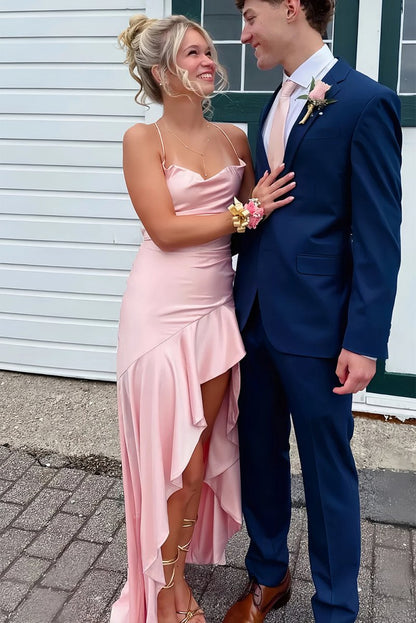 Pink - Spaghetti Straps Sheath Satin High Low Prom Dresses With Ruffles