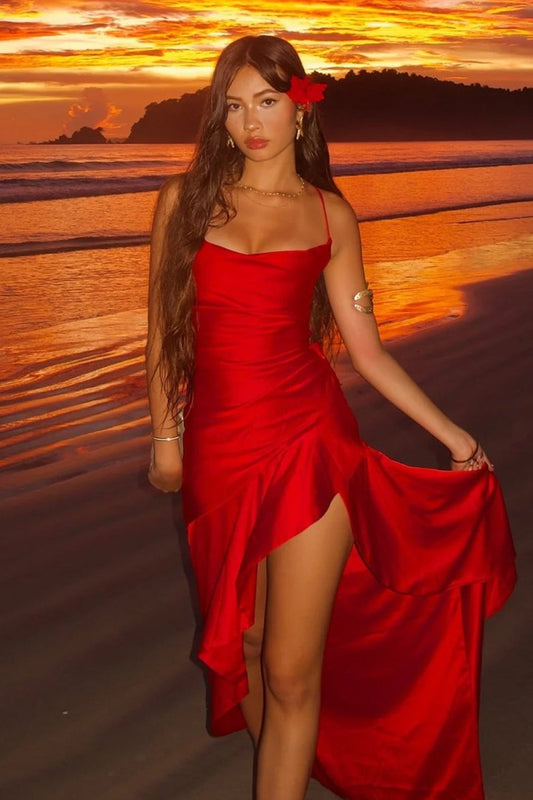 Red - Spaghetti Straps Sheath Satin High Low Prom Dresses With Ruffles