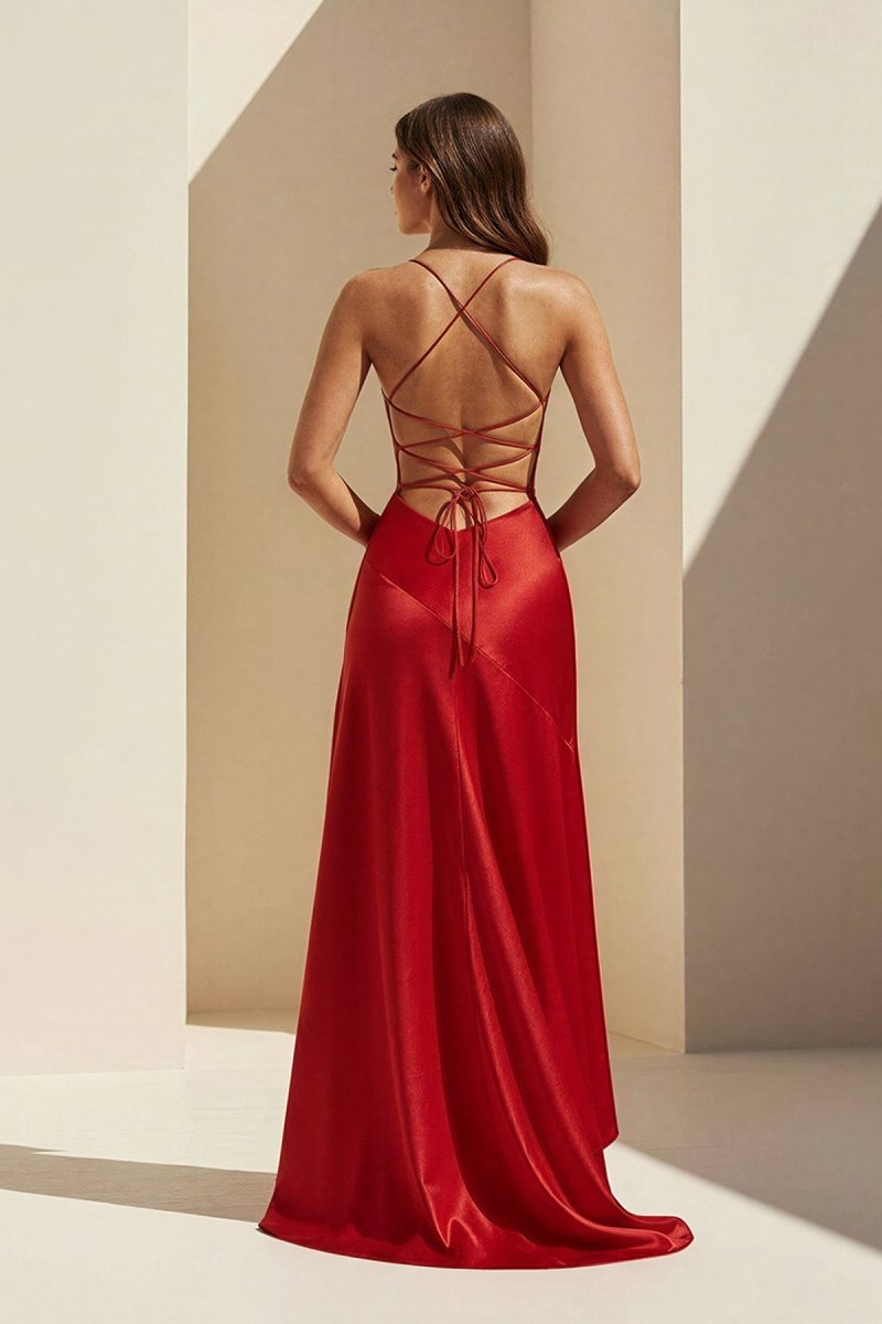 Red - Spaghetti Straps Sheath Satin High Low Prom Dresses With Ruffles