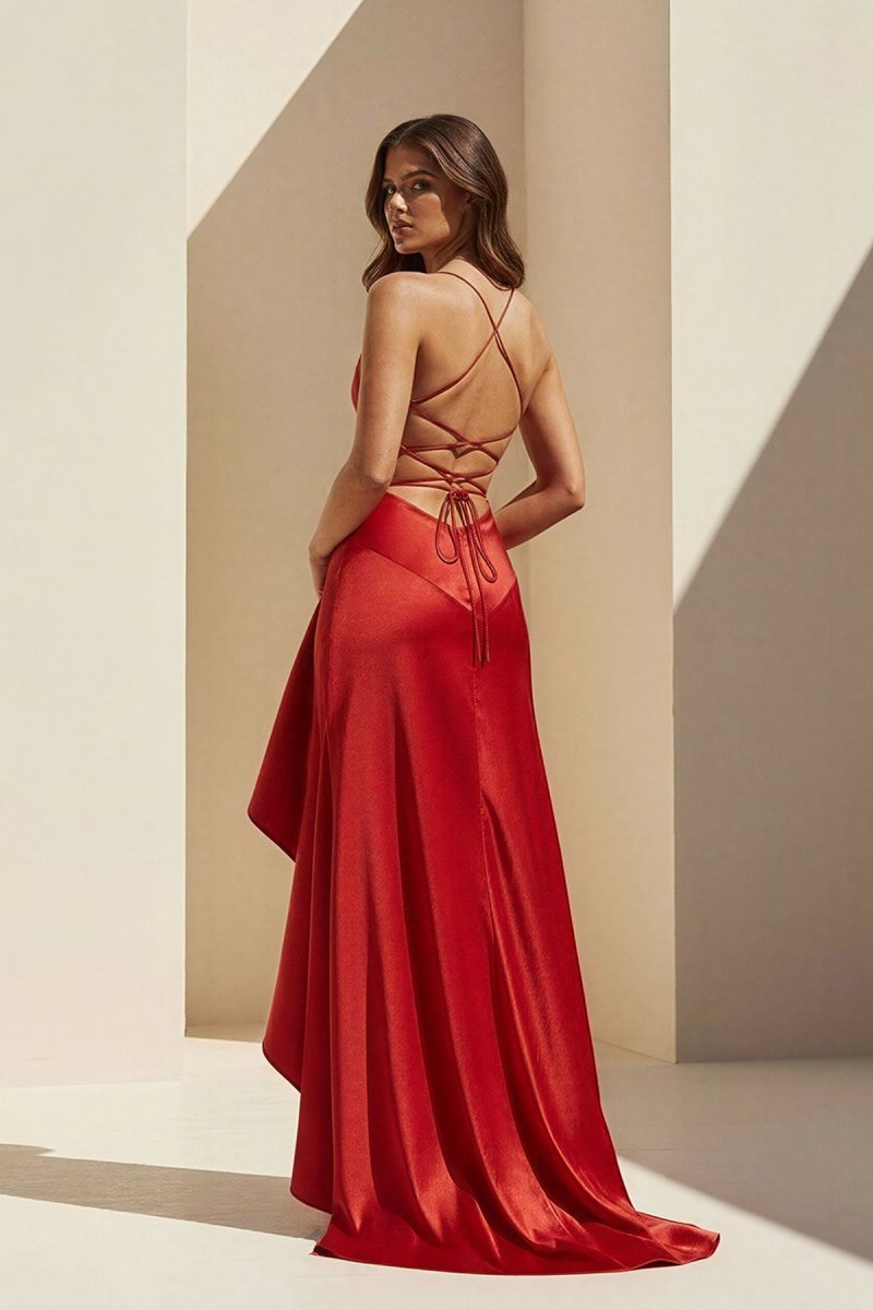 Red - Spaghetti Straps Sheath Satin High Low Prom Dresses With Ruffles
