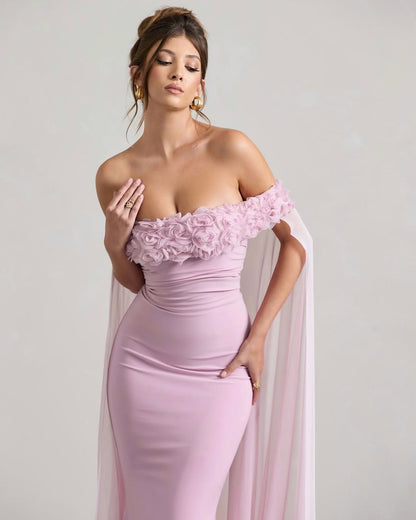 Miabel Off-The-Shoulder Sleeveless Strapless Square Mermaid Prom Dress With Handmade Flower