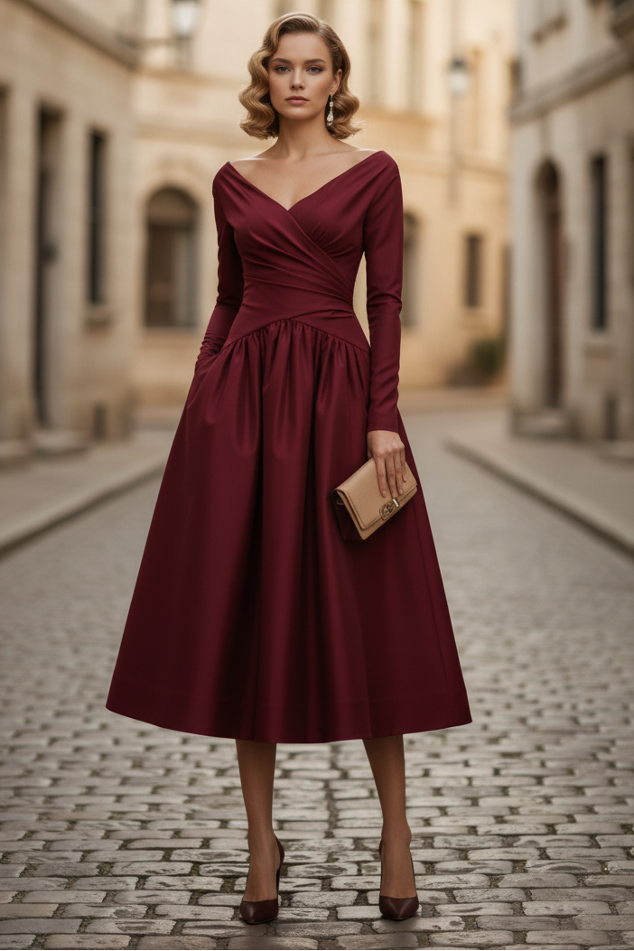 V-Neck Long Sleeve A-Line Tea-Length Evening Dress