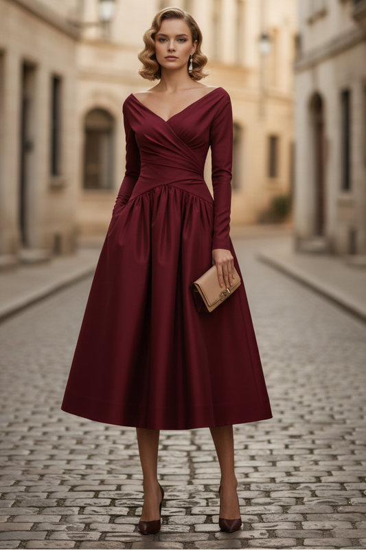 V-Neck Long Sleeve A-Line Tea-Length Evening Dress