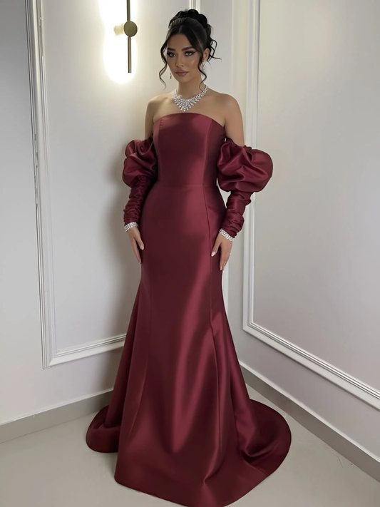 Burgundy Satin Strapless Bubble Sleeves Long Mermaid Prom Dress With Pleated
