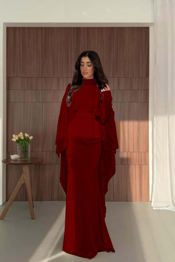 Satin And Lace High Neck Long Sleeves High-Waisted Long Mermaid Prom Dress With Cape