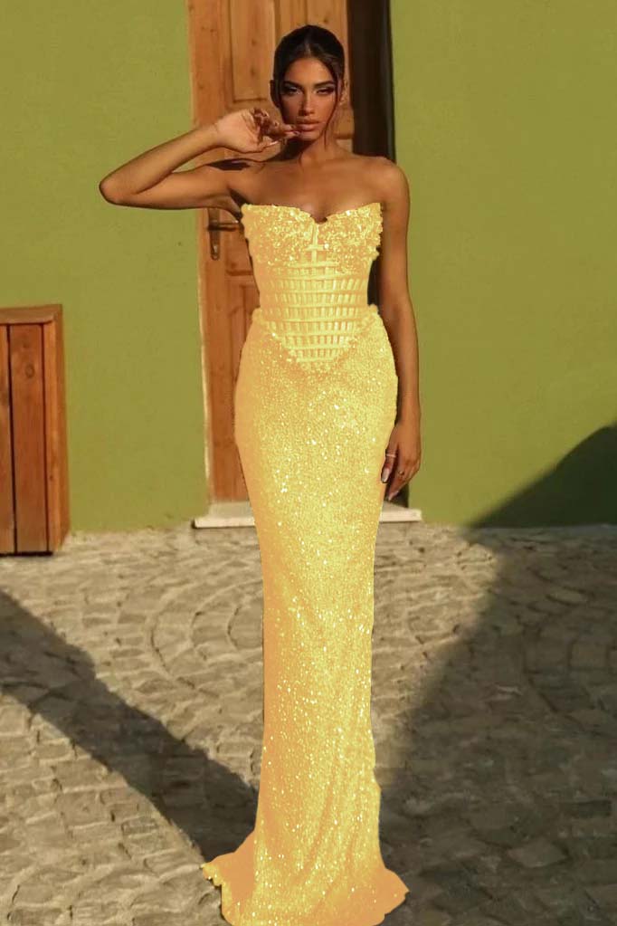 Sleeveless Strapless Long Mermaid Prom Dress With Sequin Pleated