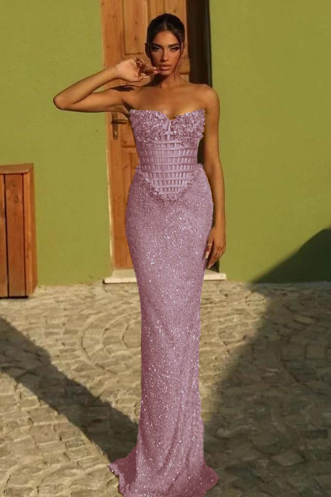 Sleeveless Strapless Long Mermaid Prom Dress With Sequin Pleated