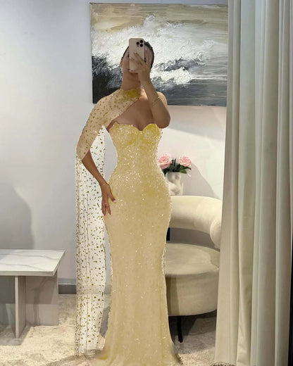 Tulle V-Neck Strapless Sleeveless Long Mermaid Prom Dress With Sequins And Ruffles